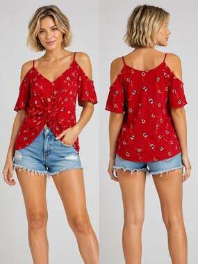 Patrons of Peace Red Floral Cold Shoulder Button-Front Tie-Front Blouse
M98